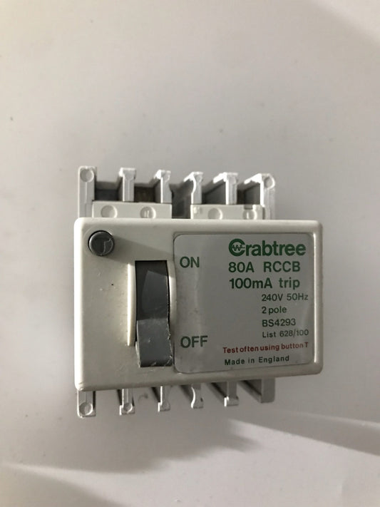 CRABTREE 80 AMP 100mA DOUBLE POLE RCCB RCD 628/100