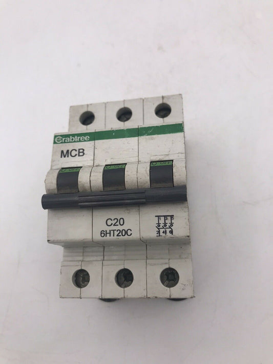 CRABTREE 20 AMP TYPE C 10kA TRIPLE POLE MCB CIRCUIT BREAKER 6HT20C BC