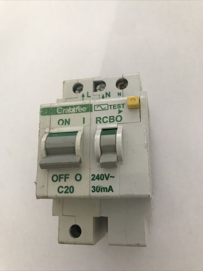Crabtree Polestar RCBO 20 Amp 30mA Double Pole Type C 20A 602C203