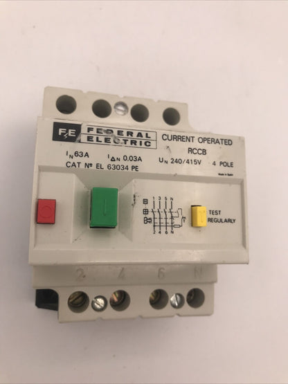 FEDERAL ELECTRIC 63 AMP 30 mA DOUBLE POLE RCCB RCD EL63032P