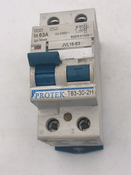 Protek T63-30-2H JVL16-63 63A 63 Amp 30Ma RCCB RCD 2P 2 Pole Circuit Breaker