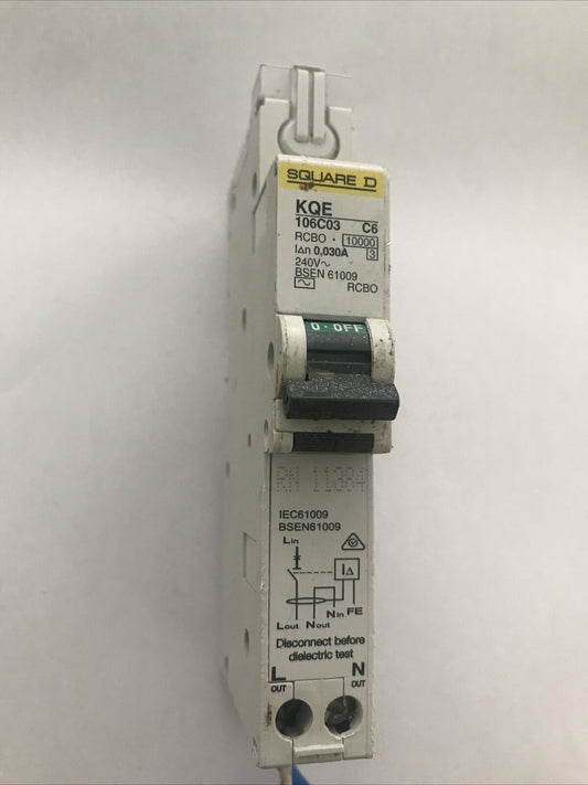 SCHNEIDER 6a RCBO SQ-D KQE PLUG IN TYPE C TYPE 10ka KQE106C03